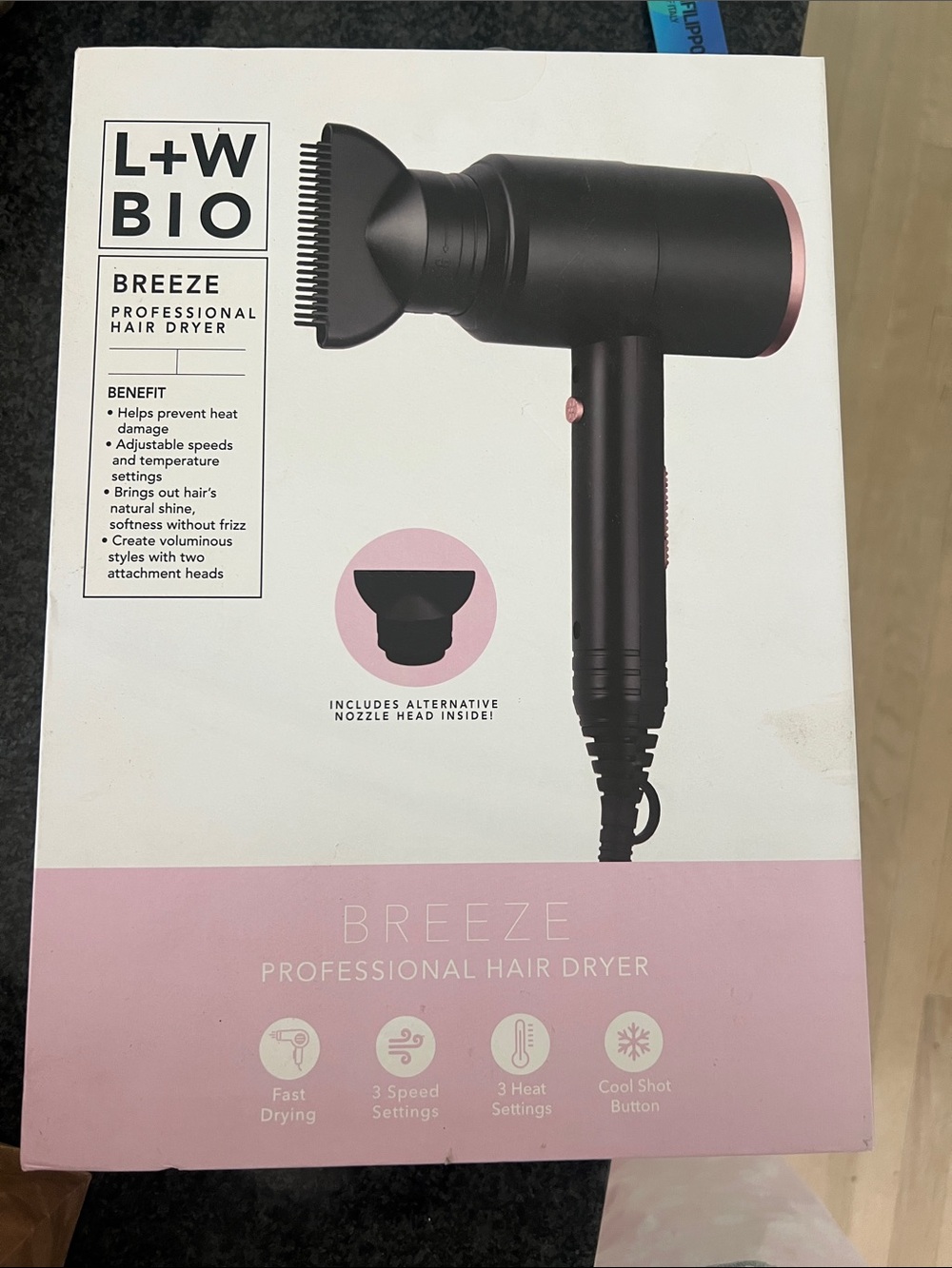 L+W BIO Breeze Professional Hair Dryer — Black with Pink Accents